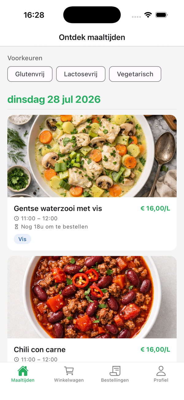 Schermafbeelding: dagmenu met verse maaltijden uit de buurt
