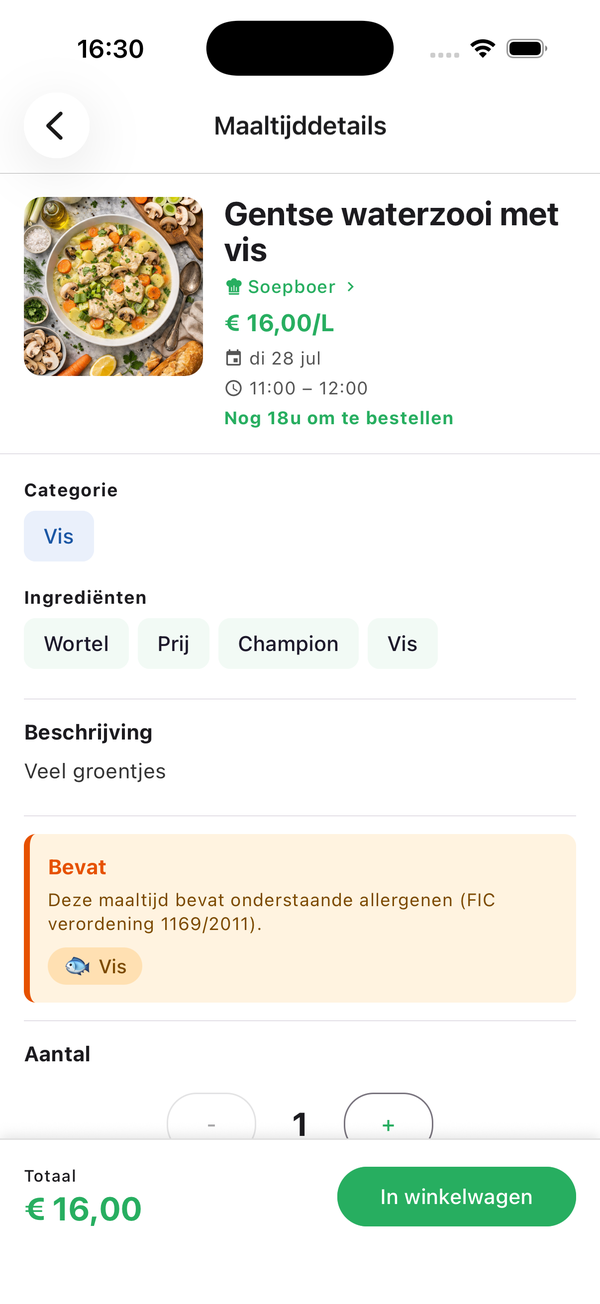 Schermafbeelding: maaltijddetails met ingrediënten en allergenen